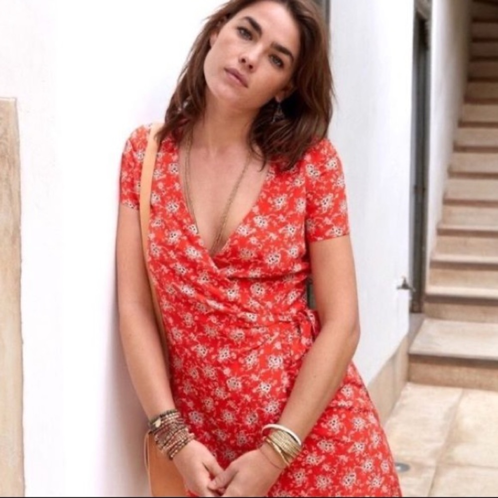 Sezane Olympia Wrap Dress in Coral Flower